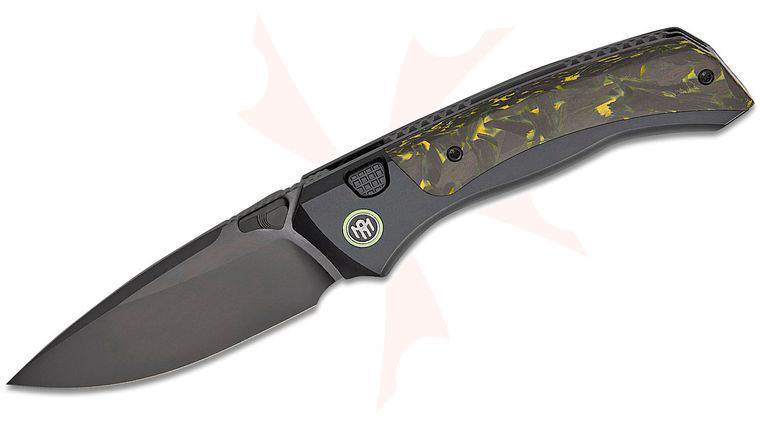 Remette Knives RT-Steed Button Frame Lock Folding Knife 3 inch M390 Black DLC Drop Point Blade, Black Titanium Handles with Black/Yellow Carbon Fiber Inlays, Green Anodized Pivot Collar