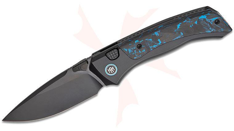 Remette Knives RT-Steed Button Frame Lock Folding Knife 3 inch M390 Black DLC Drop Point Blade, Black Titanium Handles with Black/Blue Carbon Fiber Inlays, Blue Anodized Pivot Collar