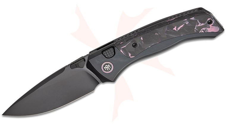Remette Knives RT-Steed Button Frame Lock Folding Knife 3 inch M390 Black DLC Drop Point Blade, Black Titanium Handles with Black/Purple Carbon Fiber Inlays, Purple Anodized Pivot Collar