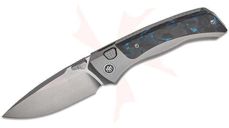 Remette Knives RT-Steed Button Frame Lock Folding Knife 3 inch M390 Pearlescent Drop Point Blade, Sand Blasted Titanium Handles with Black/Blue Carbon Fiber Inlays, Blue Anodized Pivot Collar