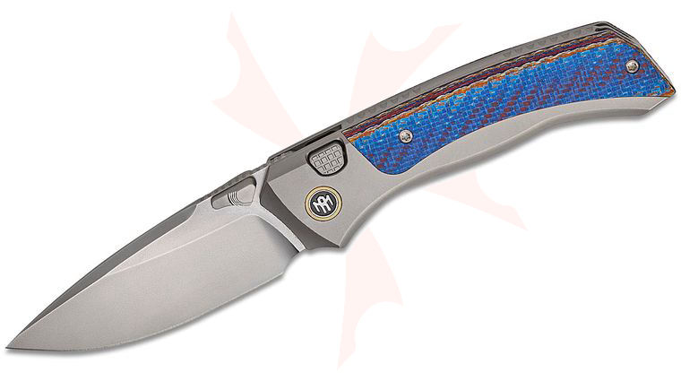 Remette Knives RT-Steed Button Frame Lock Folding Knife 3 inch M390 Pearlescent Drop Point Blade, Sand Blasted Titanium Handles with Blue Twill Carbon Fiber Inlays, Gold Anodized Pivot Collar