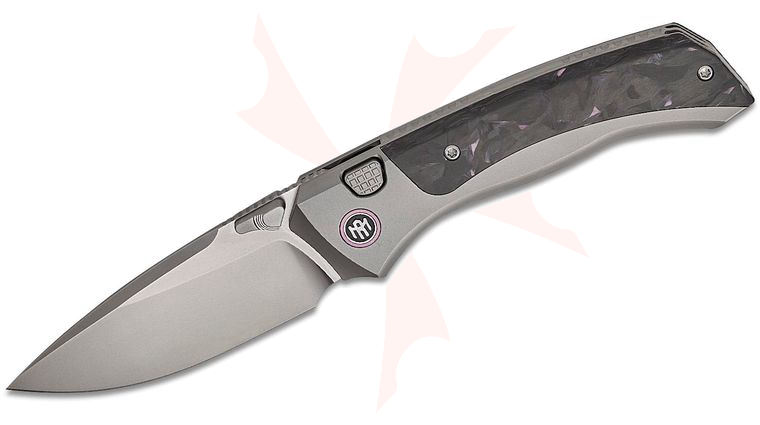 Remette Knives RT-Steed Button Frame Lock Folding Knife 3 inch M390 Pearlescent Drop Point Blade, Sand Blasted Titanium Handles with Black/Purple Carbon Fiber Inlays, Purple Anodized Pivot Collar