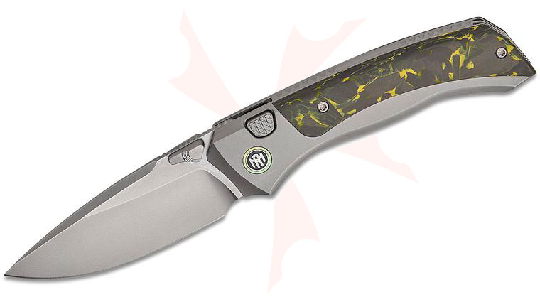 Remette Knives RT-Steed Button Frame Lock Folding Knife 3 inch M390 Pearlescent Drop Point Blade, Sand Blasted Titanium Handles with Black/Yellow Carbon Fiber Inlays, Green Anodized Pivot Collar