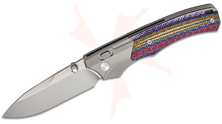 Remette Knives WD107 Button Lock Folding Knife 3.22 inch M390 Pearlescent Satin Drop Point Blade, Titanium and Multicolored Carbon Fiber Handles