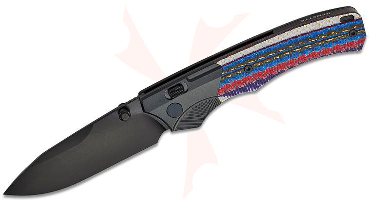 Remette Knives WD107 Button Lock Folding Knife 3.22 inch M390 Black DLC Drop Point Blade, Black DLC Titanium and Multicolored Carbon Fiber Handles