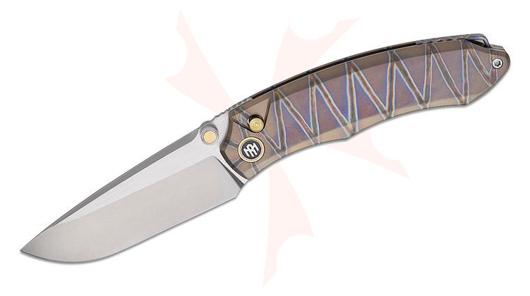 Remette Knives Wild Species Button Frame Lock Front Flipper Knife 3.35 inch M390 Pearlescent Satin Drop Point Blade, Tiger Stripe Titanium Handles