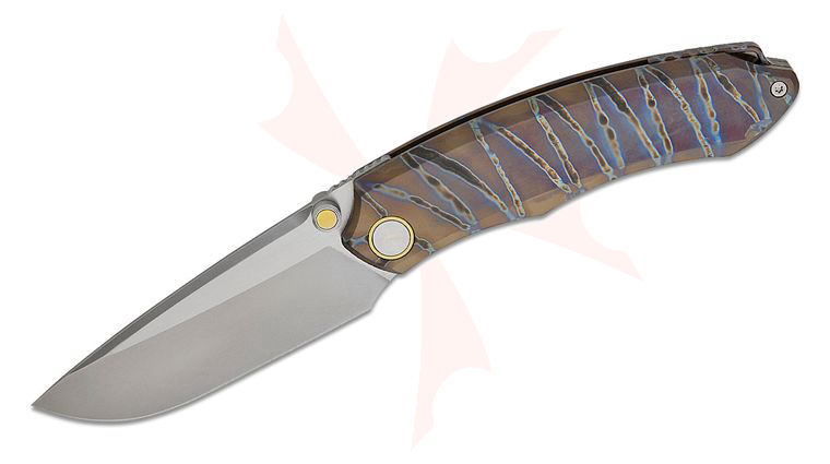 Remette Knives Wild Species Front Flipper Knife 3.35 inch M390 Pearlescent Satin Drop Point Blade, Tiger Stripe Flamed Titanium Handles