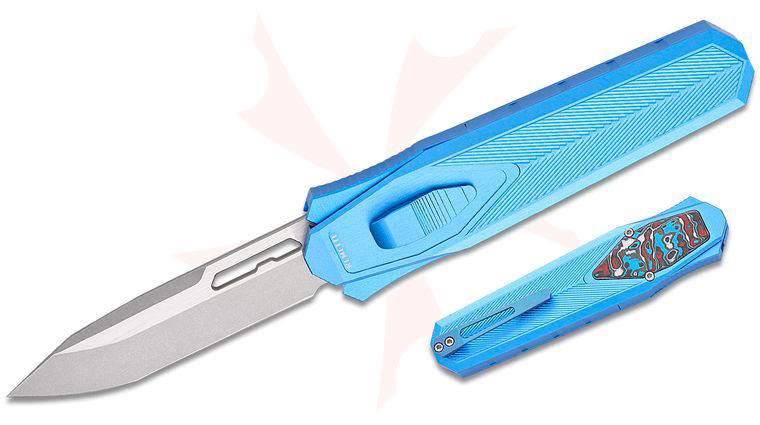 Remette Knives RT-Swordfish OTF Gravity Knife 3.15 inch 14C28N Two-Tone Stonewashed Modified Tanto Blade, Blue Aluminum Handles with Red/White/Blue Carbon Fiber Inlay, Leather Pouch