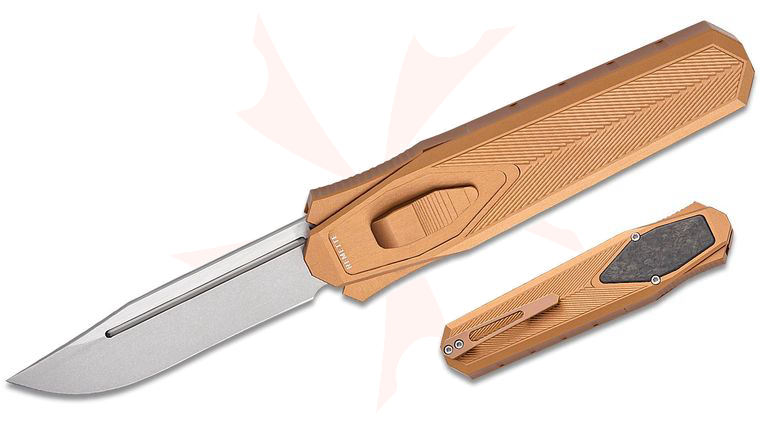 Remette Knives RT-Swordfish OTF Gravity Knife 3.15 inch 14C28N Two-Tone Stonewashed Clip Point Blade, Bronze Aluminum Handles with Shred Carbon Fiber Inlay, Leather Pouch