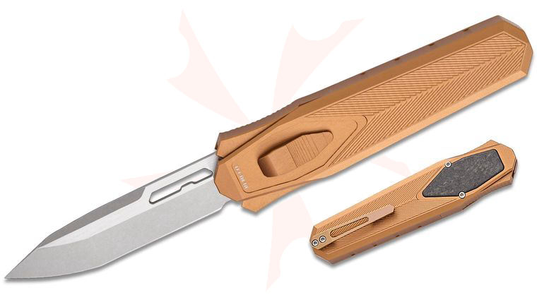 Remette Knives RT-Swordfish OTF Gravity Knife 3.15 inch 14C28N Two-Tone Stonewashed Modified Tanto Blade, Bronze Aluminum Handles with Shred Carbon Fiber Inlay, Leather Pouch