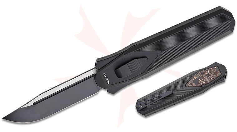 Remette Knives RT-Swordfish OTF Gravity Knife 3.15 inch 14C28N Two-Tone Black Titanium Clip Point Blade, Black Aluminum Handles with Copper Carbon Fiber Inlay, Leather Pouch