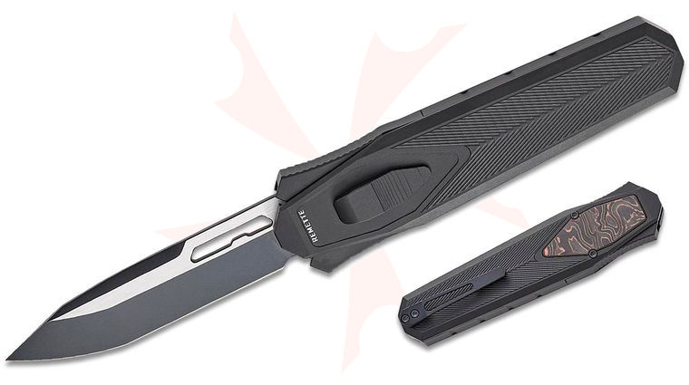 Remette Knives RT-Swordfish OTF Gravity Knife 3.15 inch 14C28N Two-Tone Black Titanium Modified Tanto Blade, Black Aluminum Handles with Copper Carbon Fiber Inlay, Leather Pouch