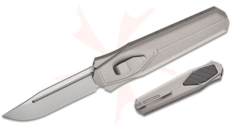 Remette Knives RT-Swordfish OTF Gravity Knife 3.15 inch 14C28N Two-Tone Sandblasted Clip Point Blade, Sand Blasted Aluminum Handles with Carbon Fiber Inlay, Leather Pouch