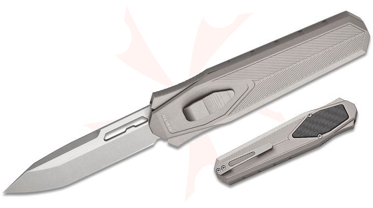 Remette Knives RT-Swordfish OTF Gravity Knife 3.15 inch 14C28N Two-Tone Stonewashed Modified Tanto Blade, Sand Blasted Aluminum Handles with Carbon Fiber Inlay, Leather Pouch