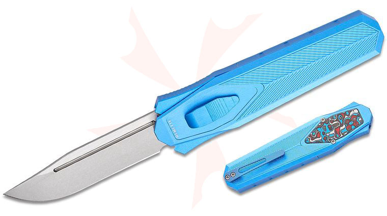 Remette Knives RT-Swordfish OTF Gravity Knife 3.15 inch 14C28N Two-Tone Stonewashed Clip Point Blade, Blue Aluminum Handles with Red/White/Blue Carbon Fiber Inlay, Leather Pouch