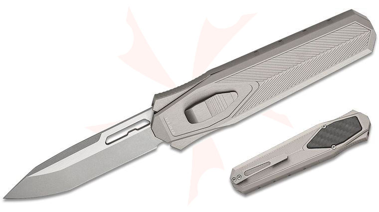 Remette Knives RT-Swordfish OTF Gravity Knife 3.15 inch S35VN Two-Tone Stonewashed Modified Tanto Blade, Gray Aluminum Handles with Carbon Fiber Inlay, Leather Pouch