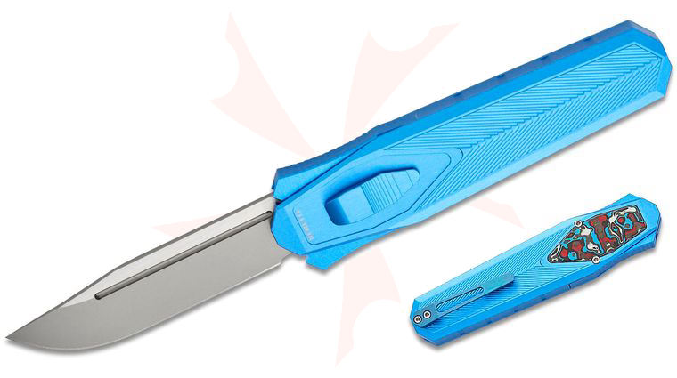 Remette Knives RT-Swordfish OTF Gravity Knife 3.15 inch S35VN Two-Tone Sandblasted Clip Point Blade, Blue Aluminum Handles with Red/White/Blue Carbon Fiber Inlay, Leather Pouch