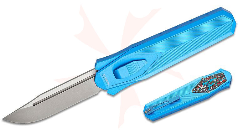 Remette Knives RT-Swordfish OTF Gravity Knife 3.15 inch S35VN Two-Tone Stonewashed Clip Point Blade, Blue Aluminum Handles with Red/White/Blue Carbon Fiber Inlay, Leather Pouch