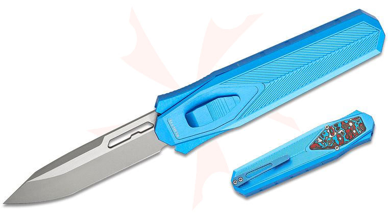 Remette Knives RT-Swordfish OTF Gravity Knife 3.15 inch S35VN Two-Tone Sandblasted Modified Tanto Blade, Blue Aluminum Handles with Red/White/Blue Carbon Fiber Inlay, Leather Pouch