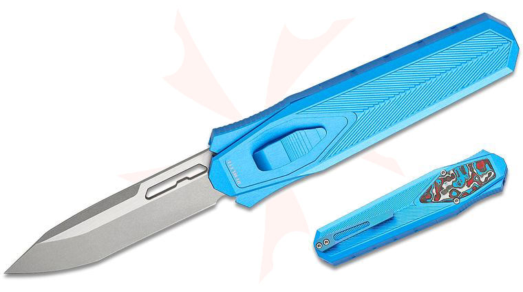Remette Knives RT-Swordfish OTF Gravity Knife 3.15 inch S35VN Two-Tone Stonewashed Modified Tanto Blade, Blue Aluminum Handles with Red/White/Blue Carbon Fiber Inlay, Leather Pouch