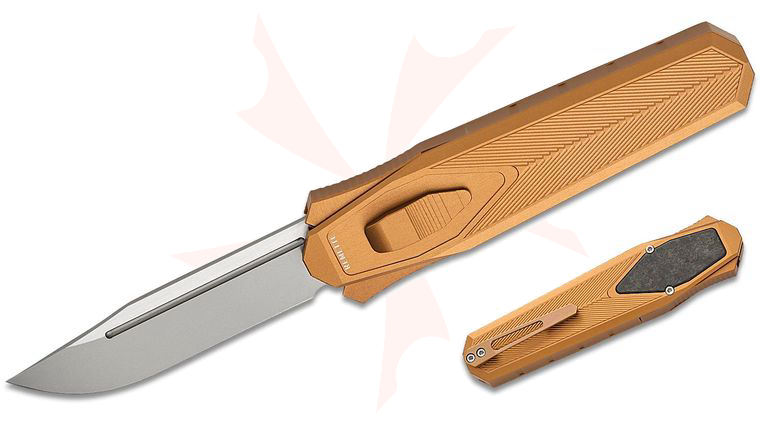 Remette Knives RT-Swordfish OTF Gravity Knife 3.15 inch S35VN Two-Tone Sandblasted Clip Point Blade, Bronze Aluminum Handles with Shred Carbon Fiber Inlay, Leather Pouch