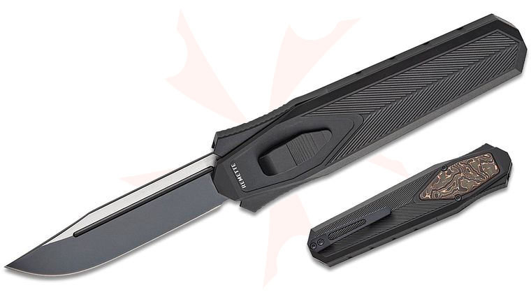 Remette Knives RT-Swordfish OTF Gravity Knife 3.15 inch S35VN Two-Tone Black Titanium Clip Point Blade, Black Aluminum Handles with Copper Carbon Fiber Inlay, Leather Pouch