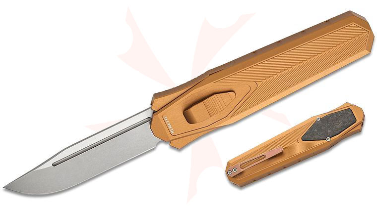 Remette Knives RT-Swordfish OTF Gravity Knife 3.15 inch S35VN Two-Tone Stonewashed Clip Point Blade, Bronze Aluminum Handles with Shred Carbon Fiber Inlay, Leather Pouch