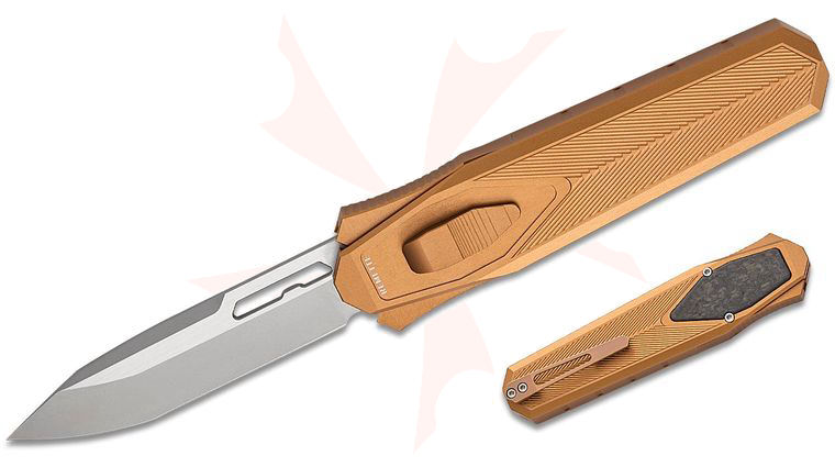 Remette Knives RT-Swordfish OTF Gravity Knife 3.15 inch S35VN Two-Tone Sandblasted Modified Tanto Blade, Bronze Aluminum Handles with Shred Carbon Fiber Inlay, Leather Pouch