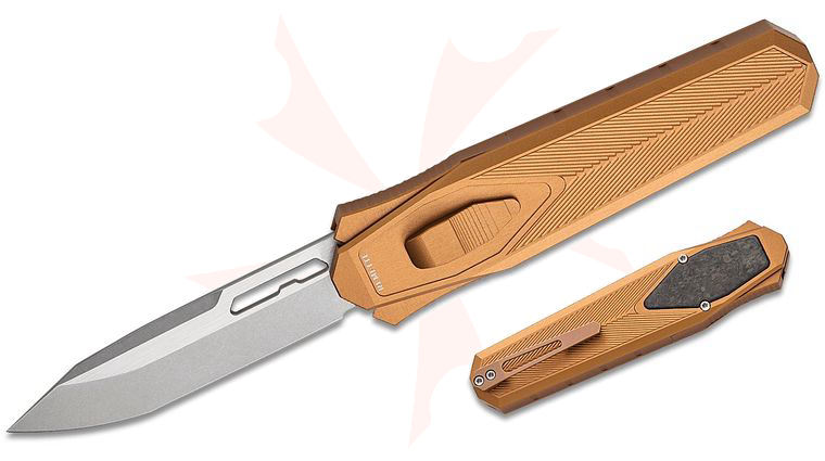 Remette Knives RT-Swordfish OTF Gravity Knife 3.15 inch S35VN Two-Tone Stonewashed Modified Tanto Blade, Bronze Aluminum Handles with Shred Carbon Fiber Inlay, Leather Pouch