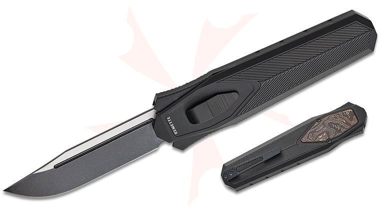 Remette Knives RT-Swordfish OTF Gravity Knife 3.15 inch S35VN Two-Tone Black Stonewashed Clip Point Blade, Black Aluminum Handles with Copper Carbon Fiber Inlay, Leather Pouch