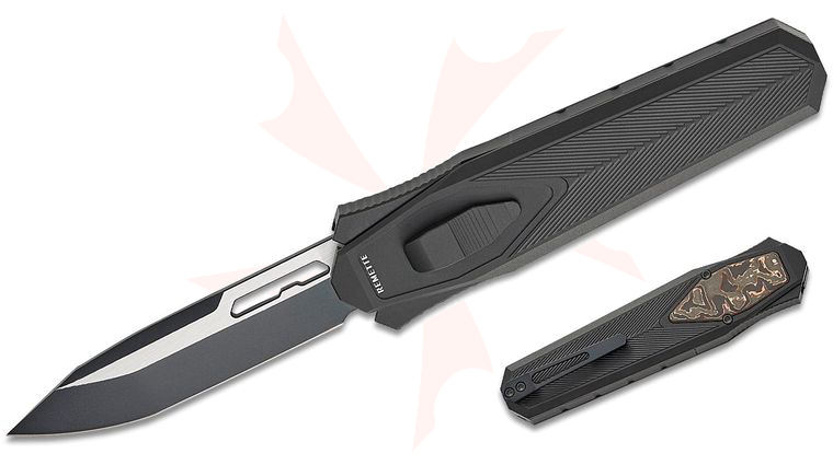 Remette Knives RT-Swordfish OTF Gravity Knife 3.15 inch S35VN Two-Tone Black Titanium Modified Tanto Blade, Black Aluminum Handles with Copper Carbon Fiber Inlay, Leather Pouch