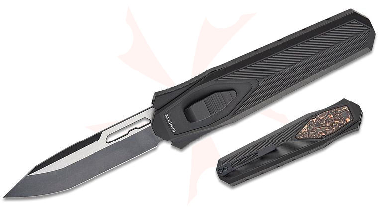 Remette Knives RT-Swordfish OTF Gravity Knife 3.15 inch S35VN Two-Tone Black Stonewashed Modified Tanto Blade, Black Aluminum Handles with Copper Carbon Fiber Inlay, Leather Pouch