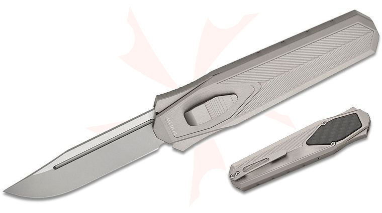 Remette Knives RT-Swordfish OTF Gravity Knife 3.15 inch S35VN Two-Tone Sandblasted Clip Point Blade, Gray Aluminum Handles with Carbon Fiber Inlay, Leather Pouch