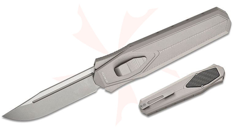 Remette Knives RT-Swordfish OTF Gravity Knife 3.15 inch S35VN Two-Tone Stonewashed Clip Point Blade, Gray Aluminum Handles with Carbon Fiber Inlay, Leather Pouch