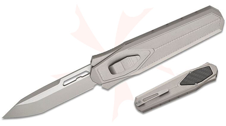Remette Knives RT-Swordfish OTF Gravity Knife 3.15 inch S35VN Two-Tone Sandblasted Modified Tanto Blade, Gray Aluminum Handles with Carbon Fiber Inlay, Leather Pouch