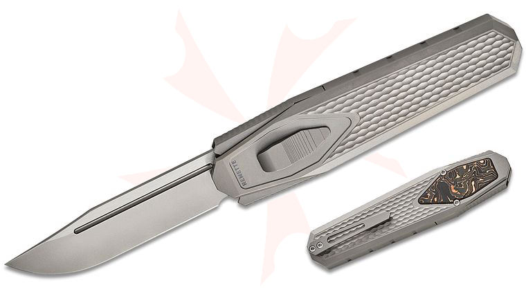 Remette Knives RT-Swordfish OTF Gravity Knife 3.03 inch M390 Clip Point Blade, Sand Blasted Titanium Handles with Copper Carbon Fiber Inlay, Leather Pouch