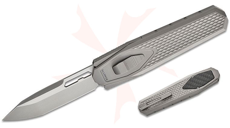 Remette Knives RT-Swordfish OTF Gravity Knife 3.03 inch M390 Two-Tone Modified Tanto Blade, Sand Blasted Titanium Handles with Carbon Fiber Inlay, Leather Pouch