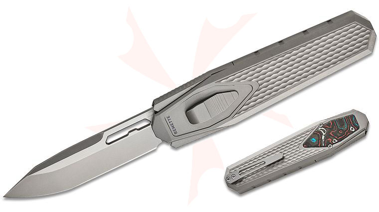 Remette Knives RT-Swordfish OTF Gravity Knife 3.03 inch M390 Two-Tone Modified Tanto Blade, Sand Blasted Titanium Handles with Red/White/Blue Carbon Fiber Inlay, Leather Pouch