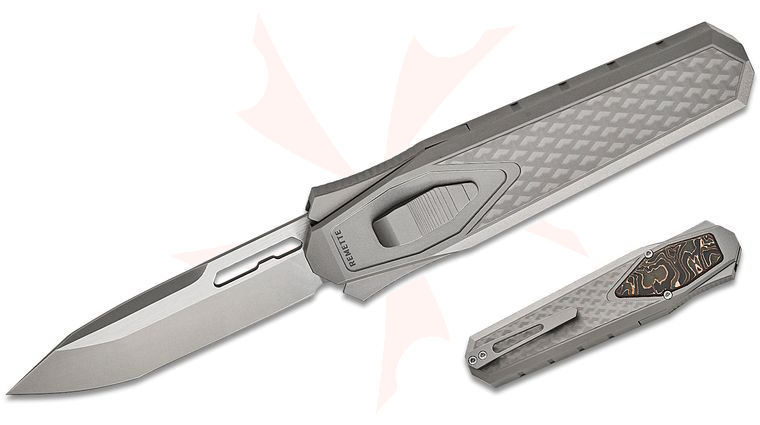 Remette Knives RT-Swordfish OTF Gravity Knife 3.03 inch M390 Two-Tone Modified Tanto Blade, Sand Blasted 3D Textured Titanium Handles with Copper Carbon Fiber Inlay, Leather Pouch
