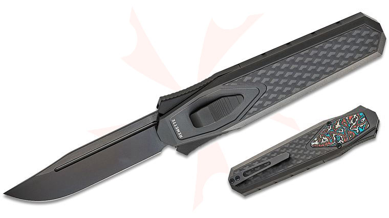 Remette Knives RT-Swordfish OTF Gravity Knife 3.03 inch M390 Black Clip Point Blade, Black 3D Textured Titanium Handles with Red/White/Blue Carbon Fiber Inlay, Leather Pouch