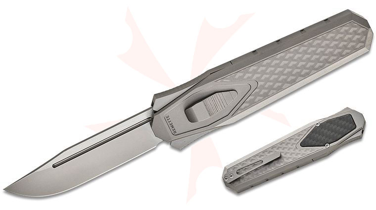 Remette Knives RT-Swordfish OTF Gravity Knife 3.03 inch M390 Clip Point Blade, Sand Blasted 3D Textured Titanium Handles with Carbon Fiber Inlay, Leather Pouch