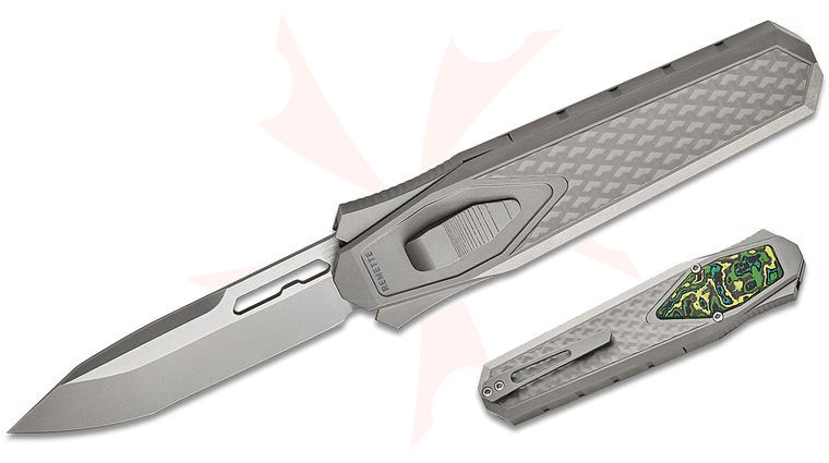Remette Knives RT-Swordfish OTF Gravity Knife 3.03 inch M390 Two-Tone Modified Tanto Blade, Sand Blasted 3D Textured Titanium Handles with Green Carbon Fiber Inlay, Leather Pouch