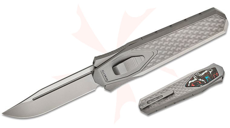 Remette Knives RT-Swordfish OTF Gravity Knife 3.03 inch M390 Two-Tone Clip Point Blade, Sand Blasted 3D Textured Titanium Handles with Red/White/Blue Carbon Fiber Inlay, Leather Pouch