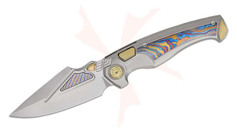 Remette Knives RT-Scepter Button Frame Lock Folding Knife 3.74 inch M390 Pearlescent Harpoon Blade with Timascus Inlays, Sand Blasted Titanium Handles with Timascus Inlays