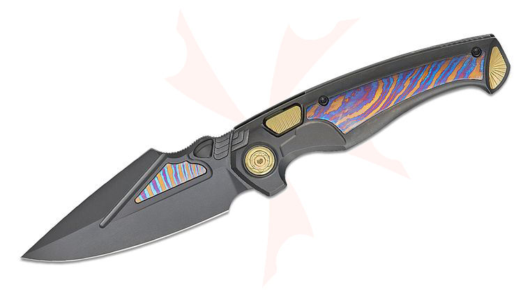 Remette Knives RT-Scepter Button Frame Lock Folding Knife 3.74 inch M390 Black DLC Harpoon Blade with Timascus Inlays, Black DLC Titanium Handles with Timascus Inlays