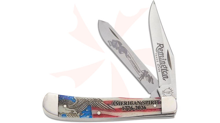 Remington American 250th Anniversary Trapper Folding Knife 4.13 inch Closed, American Spirit Engraved Bone Handles with Nickel Silver Bolsters