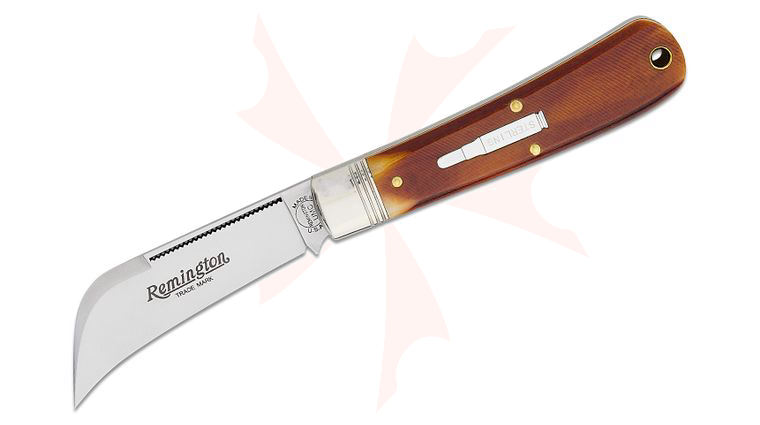 Remington 2023  inchThe One That Got Away inch Deluxe Hawkbill Silver Bullet Slipjoint Pocket Knife 3 inch 1095 Carbon Satin Hawkbill Blade, Brown Sawcut Bone Handles with Nickel Silver Bolsters, Sterling Silver Bullet Inlay