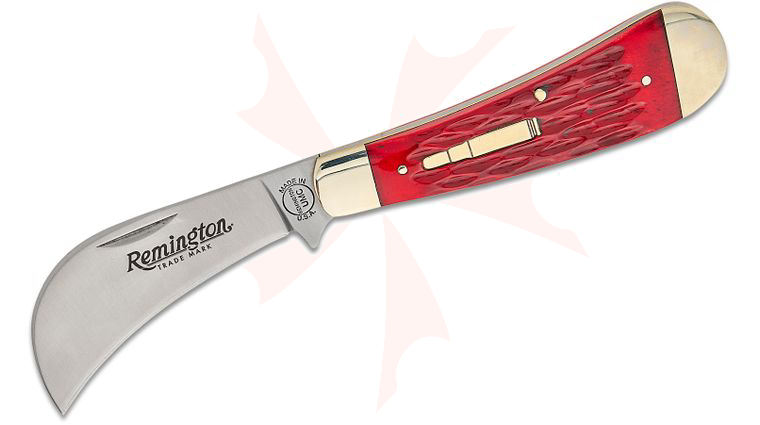 Remington 2023  inchThe One That Got Away inch Hawkbill Bullet Slipjoint Pocket Knife 3 inch 440 Satin Hawkbill Blade, Jigged Red Bone Handles with Nickel Silver Bolsters, Bullet Inlay
