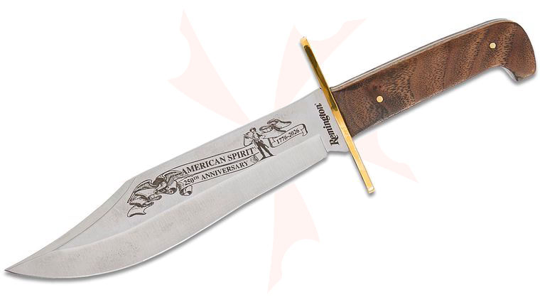 Remington American 250th Anniversary American Spirit Bowie Knife 7.48 inch Satin Bowie Blade, Wooden Handle with Brass Guard, Leather Sheath