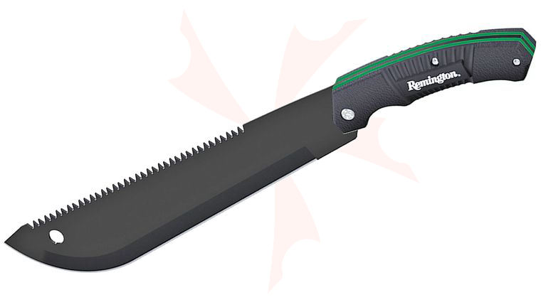 Remington FAST Sawback Machete 18 inch Black Blade, Black Molded Handles, Ballistic Nylon Sheath